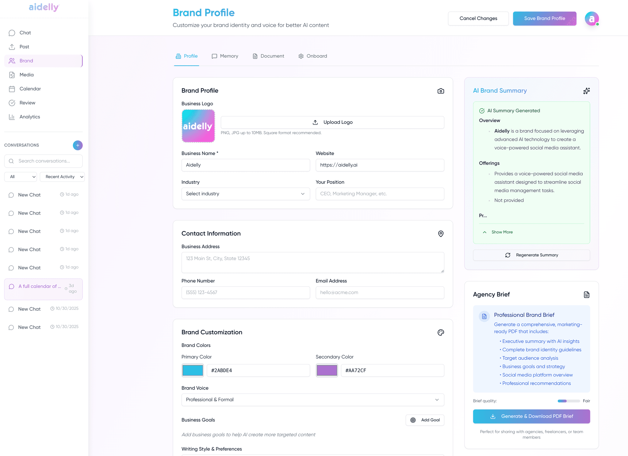 The Aidelly brand profile holding voice, colours and guardrails