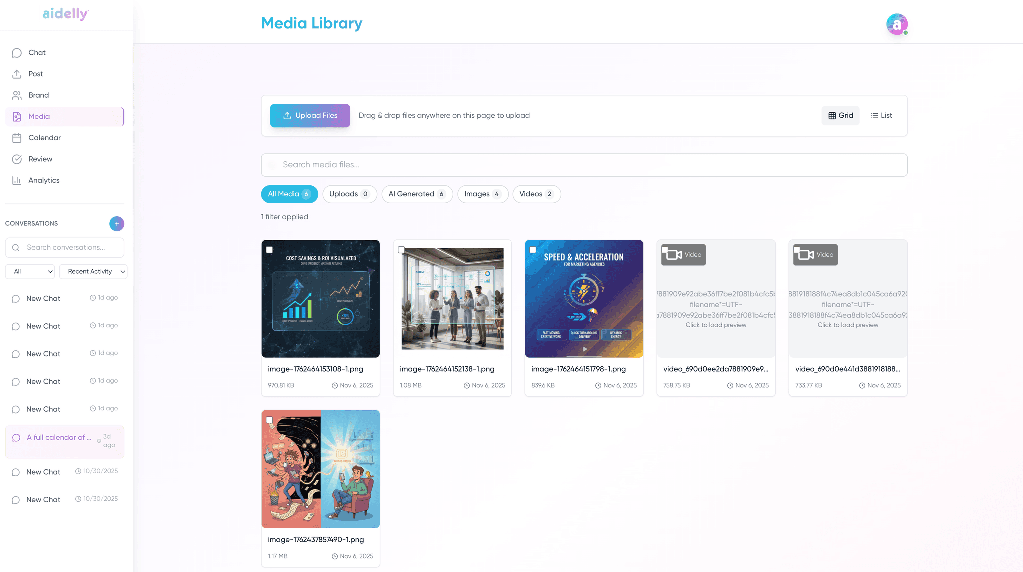 The Aidelly media library holding images and video for reuse