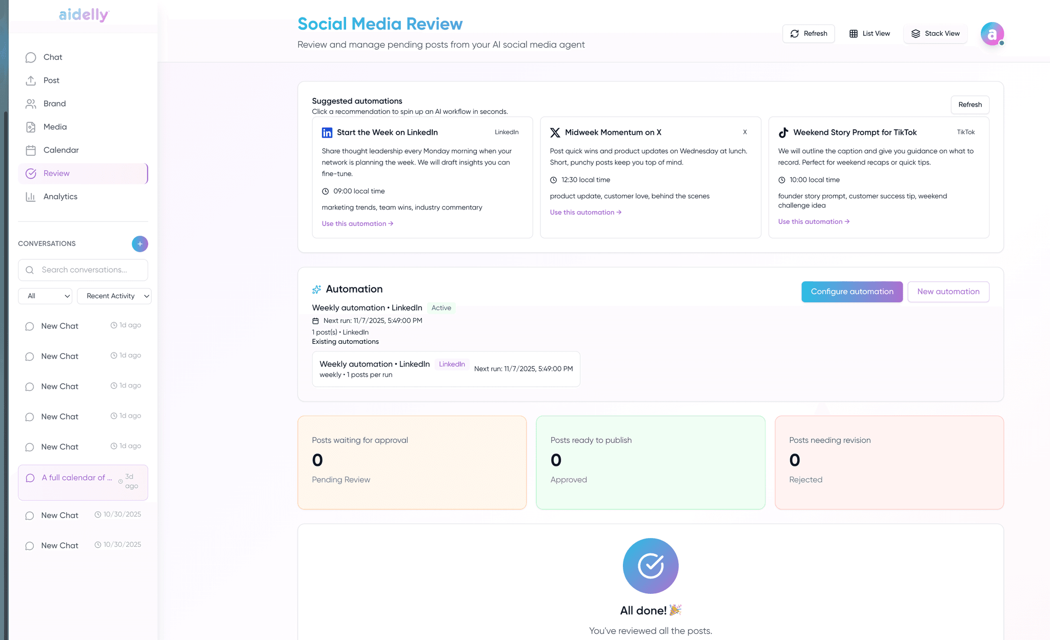 A client review link showing scheduled posts awaiting approval under agency branding