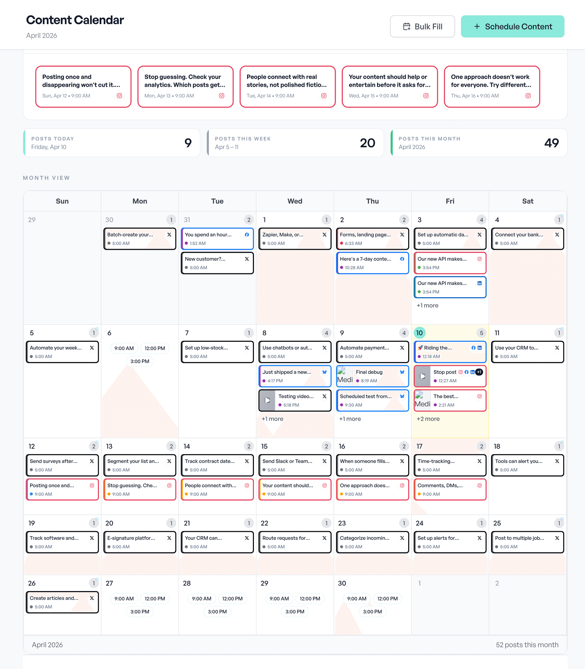 The Aidelly content calendar showing scheduled posts across a month