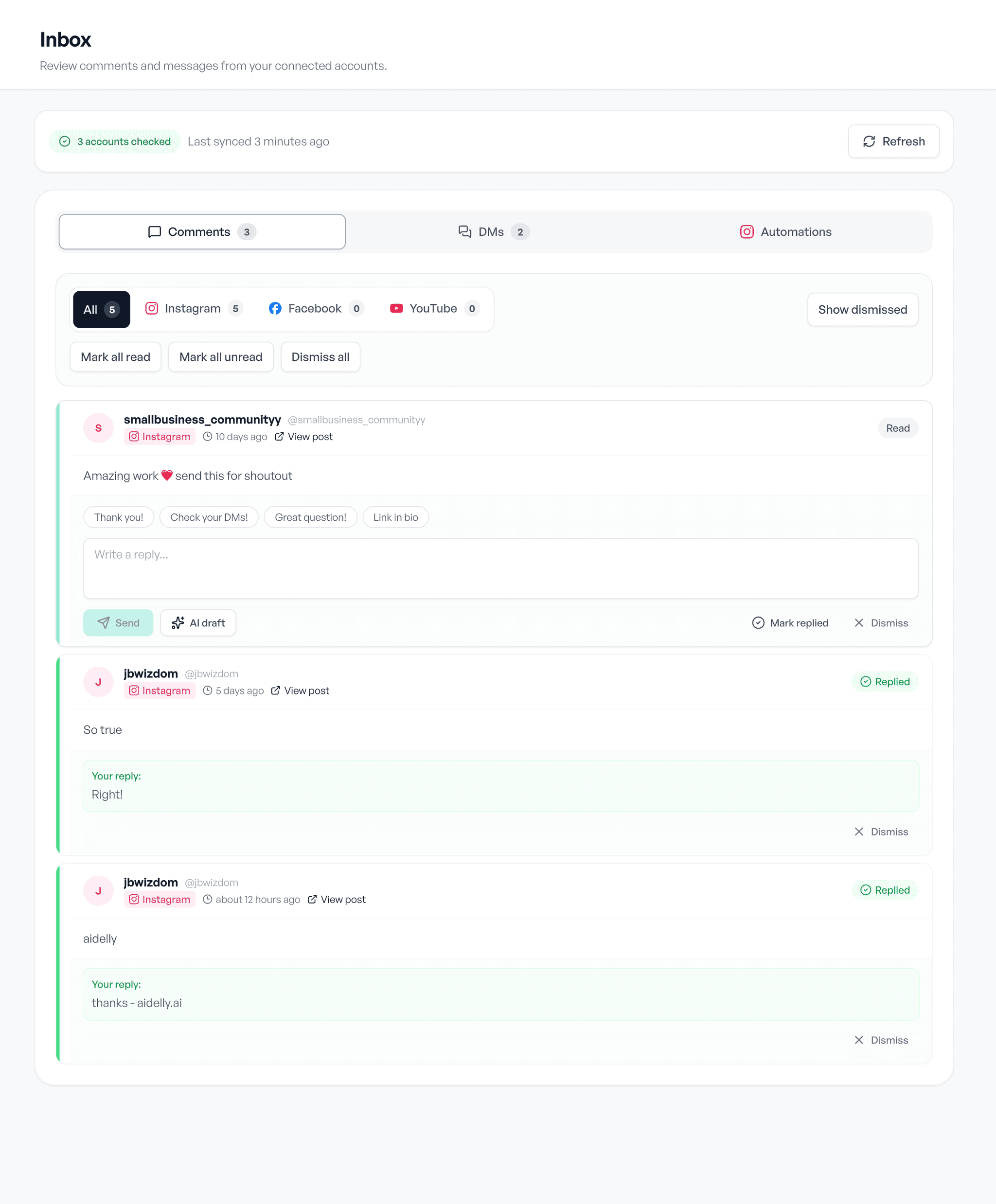 The Aidelly unified inbox showing comments and DMs from several connected platforms in one thread list