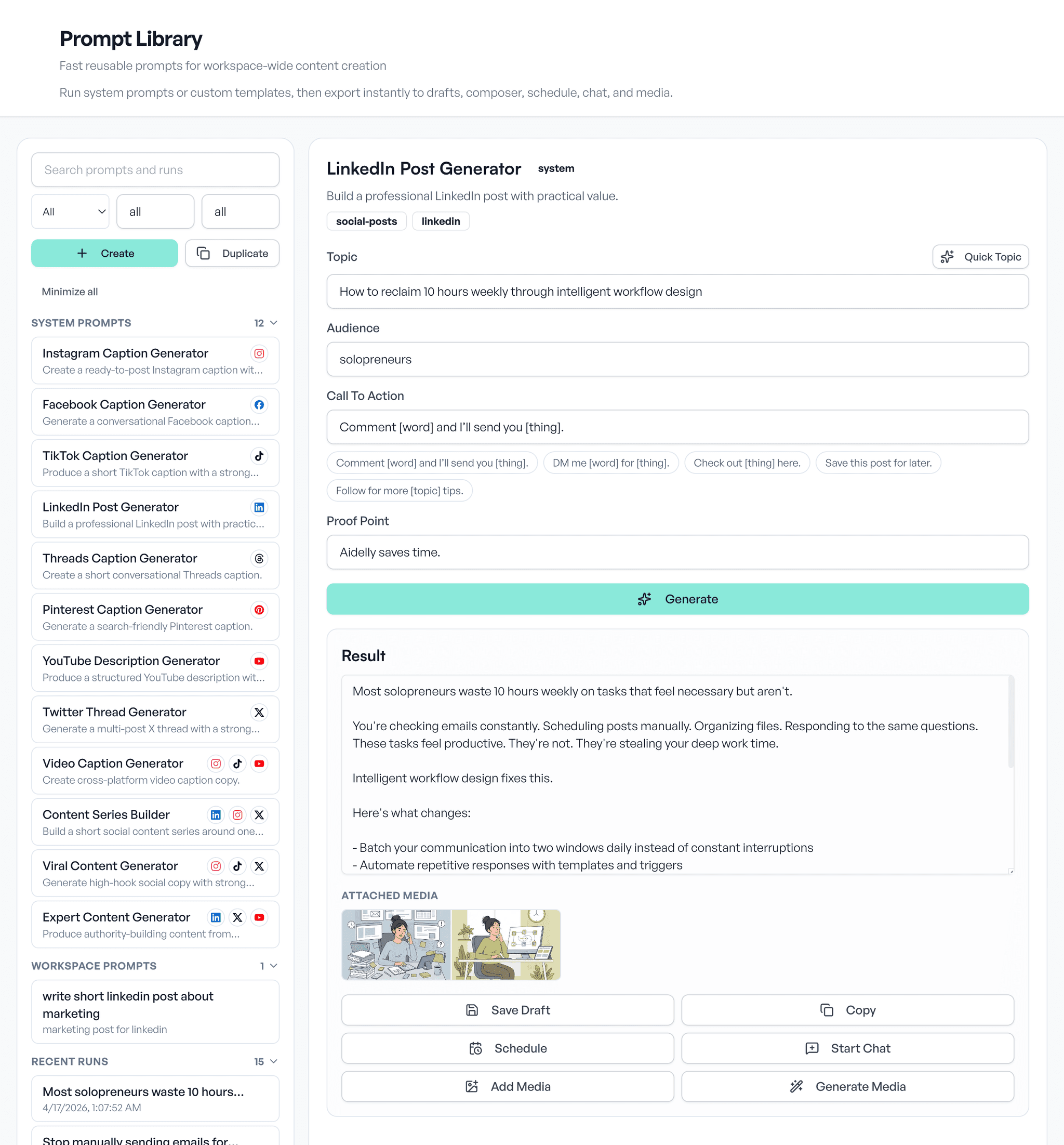 Aidelly Prompt Library: LinkedIn Post Generator with topic, audience, CTA, and result panel