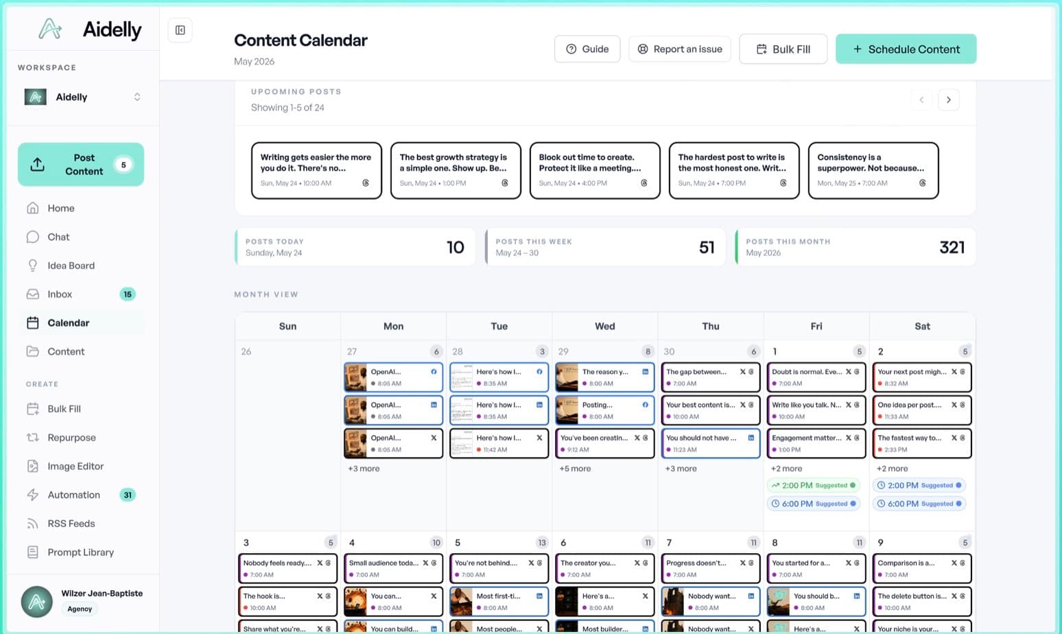 Aidelly content calendar showing scheduled posts by date