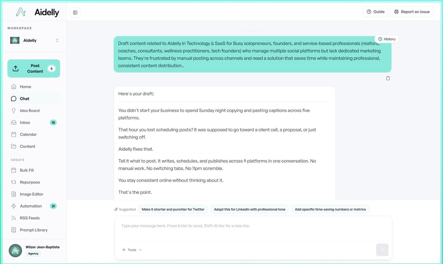 Aidelly AI chat with a content brief and generated draft
