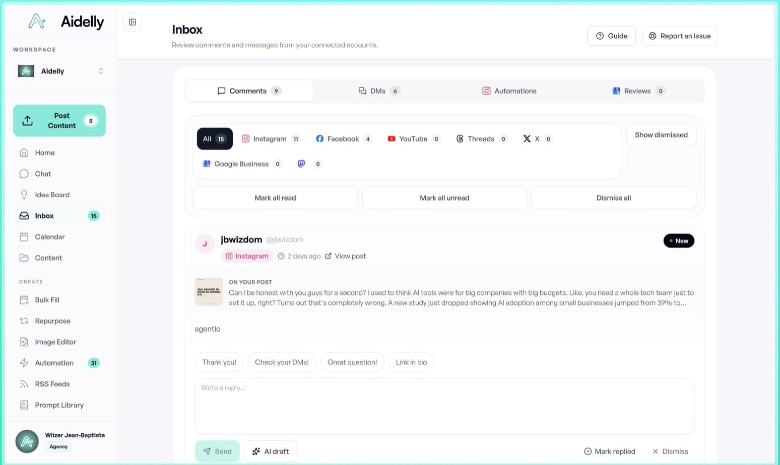 Aidelly dashboard inbox with social comments and reply controls